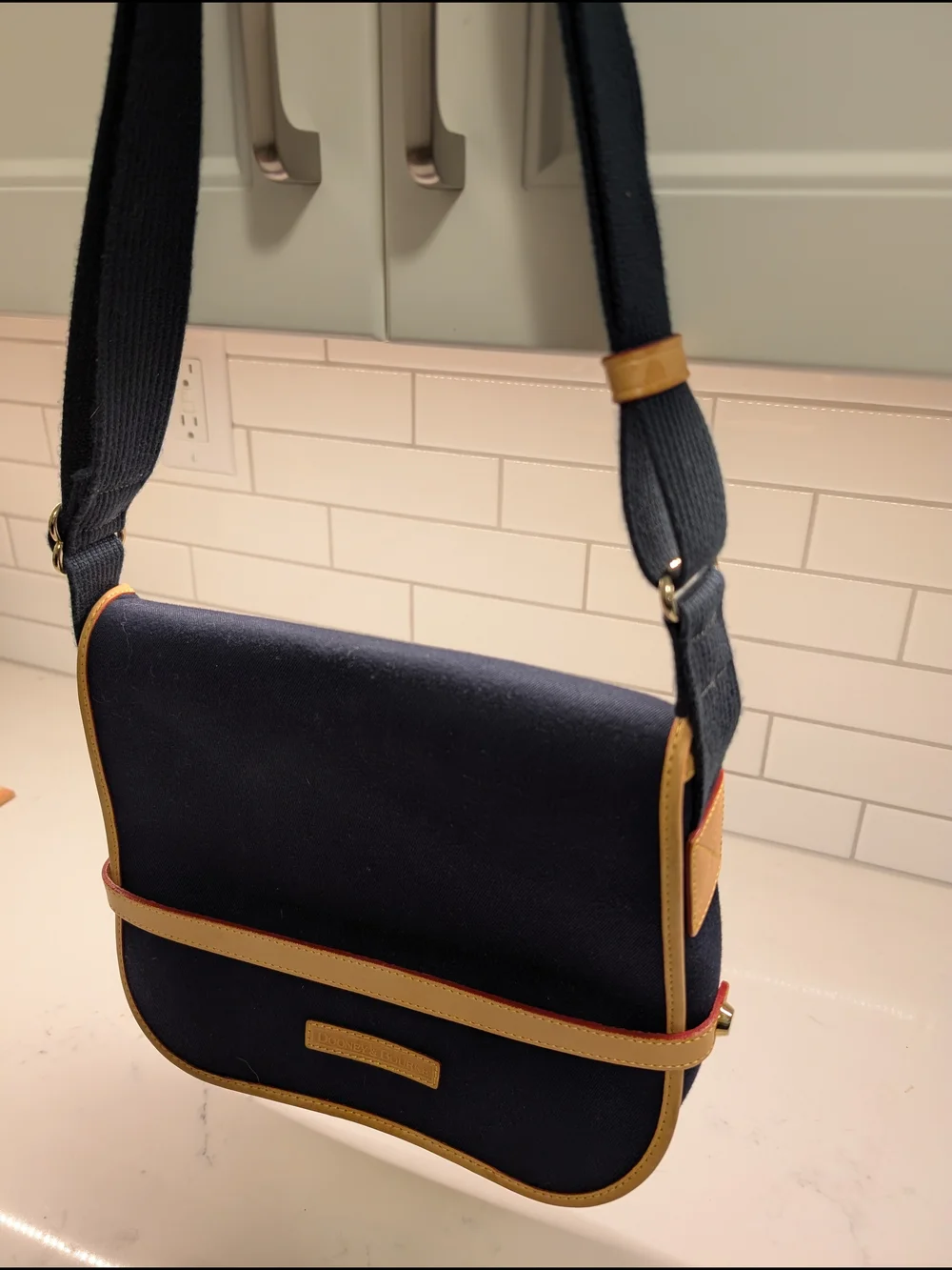 Dooney & Bourke Cabriolet Navy Canvas Messanger Crossbody Bag with Tan Trim